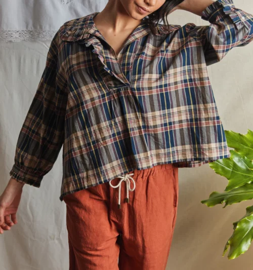 EMILE ET IDA Blouse vareuse en coton madras bleu, rose, beige, 100% Coton, Le Comptoir Rouen Le Havre