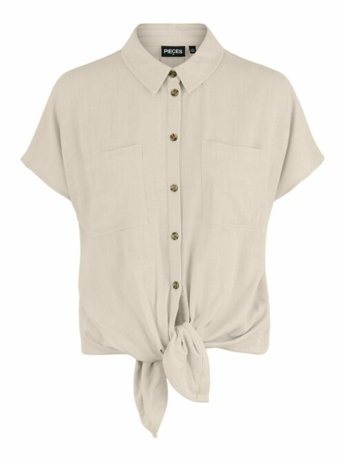 PIECES PCVINSTY Tee-Shirt Birch, t-shirt manches courtes, col chemise, 80% Viscose, 20% Lin, Le Comptoir Rouen Le Havre