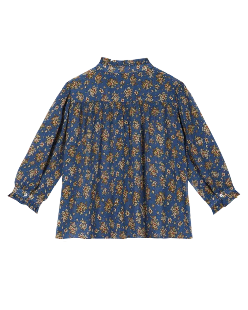 EMILE ET IDA IDA-X058B blouse floral bleu, blouse en voile de coton créponné bleu avec motifs floraux, Le Comptoir Rouen Le Havre