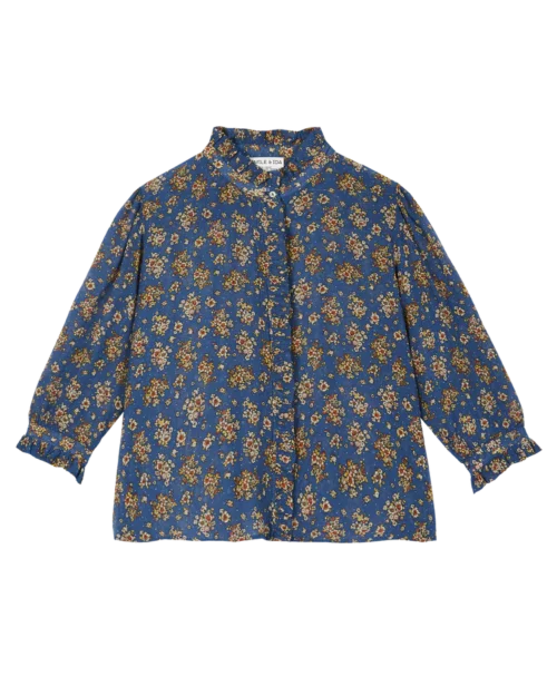 EMILE ET IDA IDA-X058B blouse floral bleu, blouse en voile de coton créponné bleu avec motifs floraux, Le Comptoir Rouen Le Havre