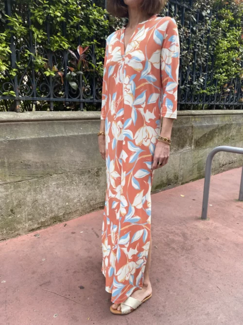 Marais Paris Robe Dianna, robe longue orange motif fleurs, Le Comptoir Rouen Le Havre