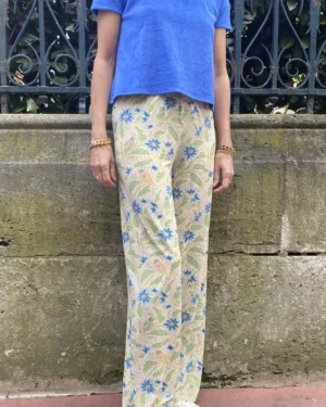 Marais Paris Pamella Pantalon Mélancolie Rose, pantalon écru avec motif fleurs, Le Comptoir Rouen Le Havre