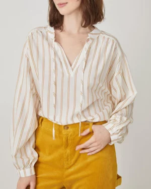 Blouse blanche pour femme à rayures jaunes, en coton et viscose ADORE marque Harris Wilson