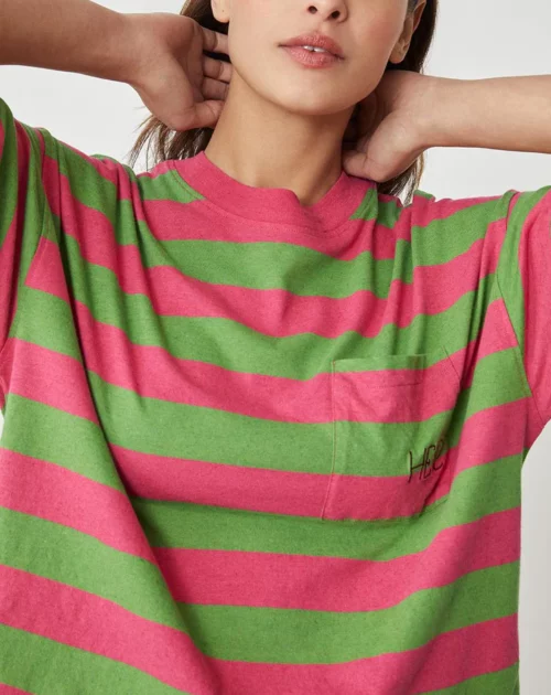 T-shirt manches longues pour femme à rayures vert et rose en coton et en lin col rond volume loose oversize