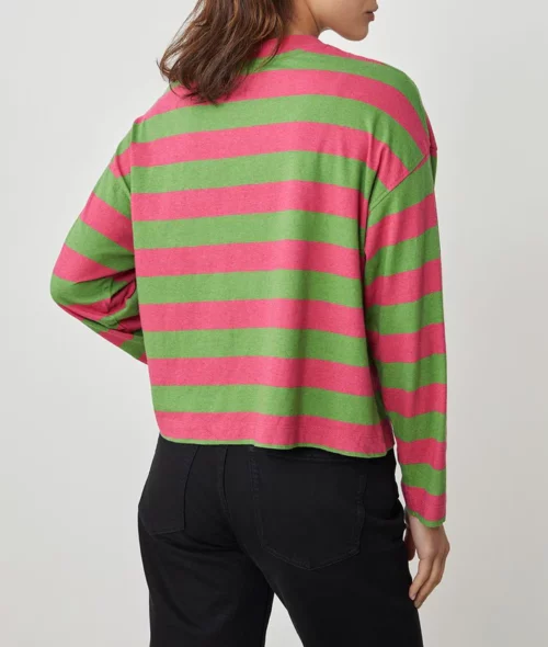 T-shirt manches longues pour femme à rayures vert et rose en coton et en lin col rond volume loose oversize