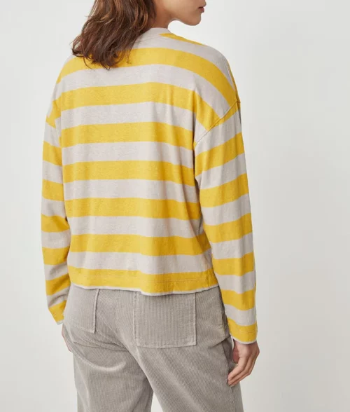 T-shirt manches longues pour femme à rayures taupe et jaune en coton et en lin col rond volume loose oversize