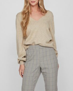 Pull en maille pour femme VILA col V marron écru en viscose et nylon manches ballon