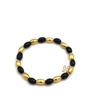 bracelet pour femme doré et noir élastique, perles noires en plastique, acier inoxydable plaqué or 18 carats, le comptoir rouen le havre