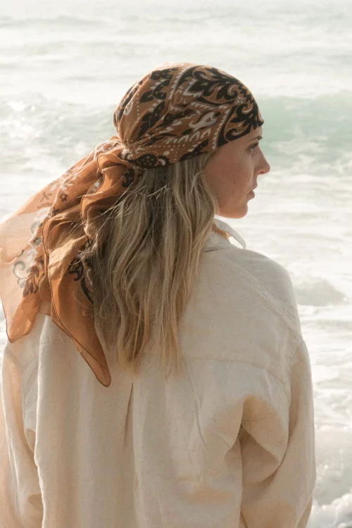 foulard bandana femme camel 100% voile de coton, motif léopard, le comptoir rouen le havre