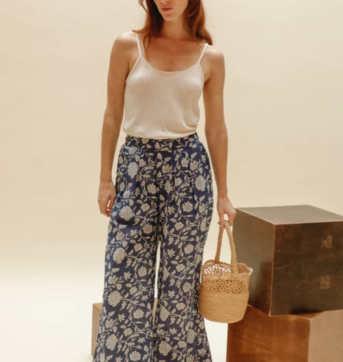 EMILE ET IDA ZEVRINE Pantalon Large pour Femme à Fleurs Bleu et Blanc le comptoir magasin de vêtements pour femmes à rouen et le havre