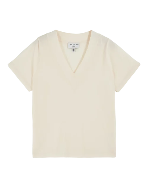 T-Shirt Femme 100% Coton BARRY Emile et Ida, couleur crème, col V profond et manches courtes.