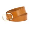 Vue déroulée de la ceinture LA PANAME camel, bijouterie dorée, cuir pleine fleur tannage végétal, Herbert Frère Sœur.