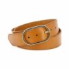 Ceinture LA PANAME camel, cuir pleine fleur tannage végétal, bijouterie dorée, vue roulée.
