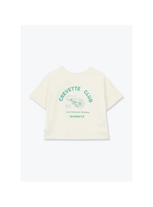 Vue arrière du t-shirt FARIDA écru pour femme avec imprimé vert "Crevette Club" par Arsène et les Pipelettes, idéal pour un look estival et casual.