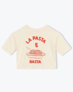 T-shirt écru pour femme, manches courtes, imprimé rouge "La Pasta e Basta", collection Arsène et les Pipelettes.