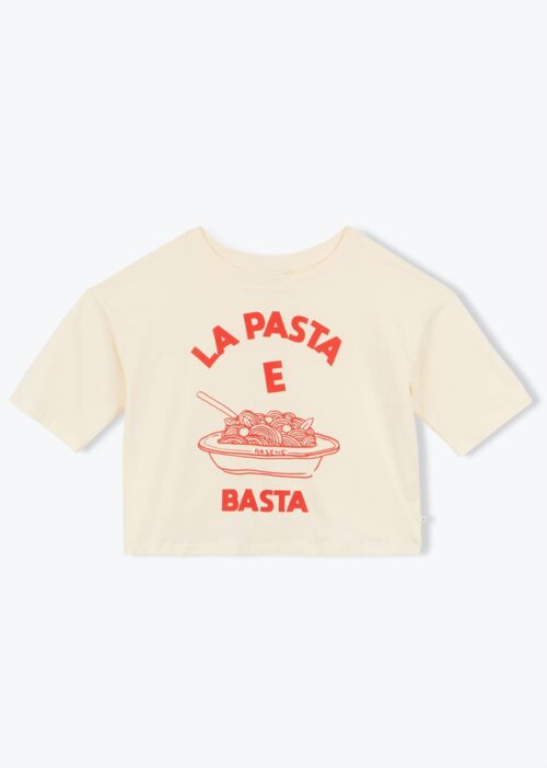 T-shirt écru pour femme, manches courtes, imprimé rouge "La Pasta e Basta", collection Arsène et les Pipelettes.