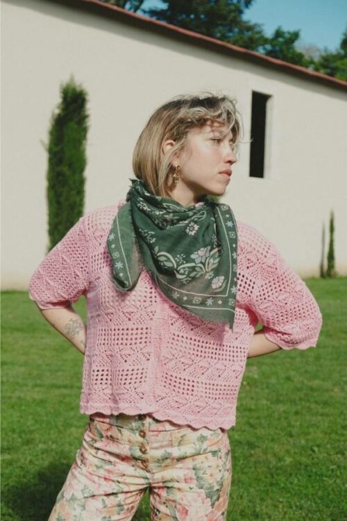 MAISON LECOMTE FLAMENT Foulard Secret Garden Kaki Laine et Soie – Image 2