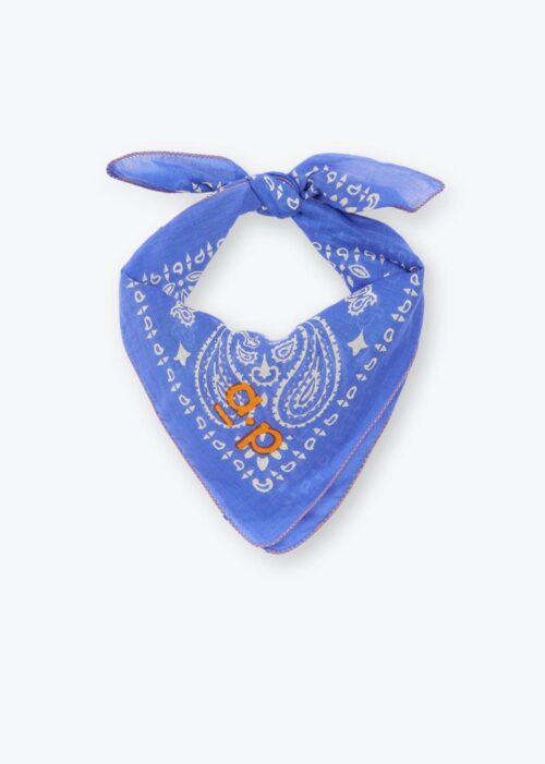 Bandana bleu pour femme avec logo A.P. 100% coton. Fabriqué en Inde. Référence H25AF01 Arsène et les Pipelettes.