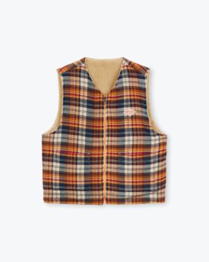 Veste sans manches pour femme réversible à motifs écossais carreaux et sherpa. Coton naturel et polyester. Fabriqué en Inde. Référence H25WV15 Arsène et les Pipelettes.