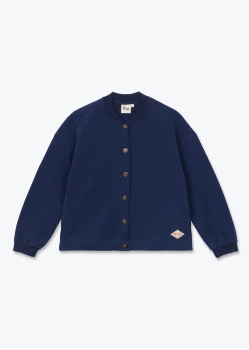 Cardigan en molleton bleu pour femme. 100% coton biologique. Fabriqué au Portugal. Référence H25WS07 Arsène et les Pipelettes.