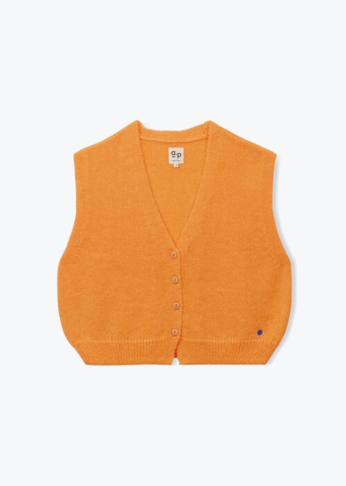 Cardigan pour femme orange fluo. En laine mérinos, acrylique et polyamide. Fabriqué au Portugal. Référence H25WK09 Arsène et les Pipelettes.