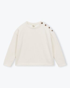 Sweat pour femme en maille cote écru avec boutons à l'épaule. En coton biologique et polyester recyclé. Fabriqué au Portugal. Référence H25WS08 Arsène et les Pipelettes.