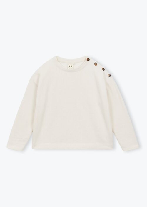Sweat pour femme en maille cote écru avec boutons à l'épaule. En coton biologique et polyester recyclé. Fabriqué au Portugal. Référence H25WS08 Arsène et les Pipelettes.