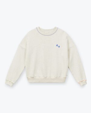 Sweat pour femme moucheté écru avec logo AP bleu et détail bleu au col. En coton, viscose et polyester. Fabriqué au Portugal. Référence H25WS10 Arsène et les Pipelettes.
