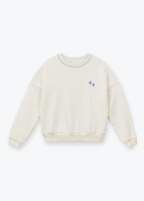 Sweat pour femme moucheté écru avec logo AP bleu et détail bleu au col. En coton, viscose et polyester. Fabriqué au Portugal. Référence H25WS10 Arsène et les Pipelettes.