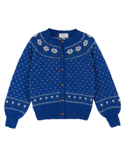 Cardigan Jacquard imprimés Fleurs bleu Royal pour femme référence CAMOMILLE Emile et Ida, made in Espagne