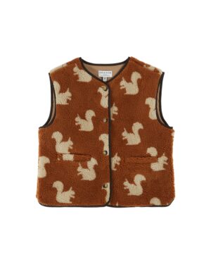 Gilet sans manches marron et écru pour femme avec imprimés écureuil référence CASSIS Emile et Ida, 100% polyester, made in Bulgaria