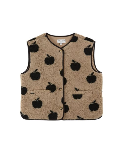 Gilet sans manches marron et noir pour femme avec imprimés pommes référence CASSIS Emile et Ida, 100% polyester, made in Bulgaria
