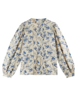 Blouse écru à imprimés fleuris bleus référence CECILIA 2 orchid bleu Emile et Ida, 100% coton, made in India