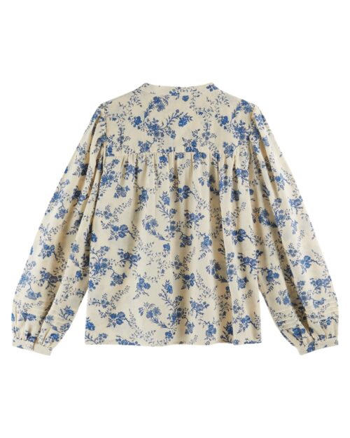 Dos de la blouse écru à imprimés fleuris bleus référence CECILIA 2 orchid bleu Emile et Ida, 100% coton, made in India