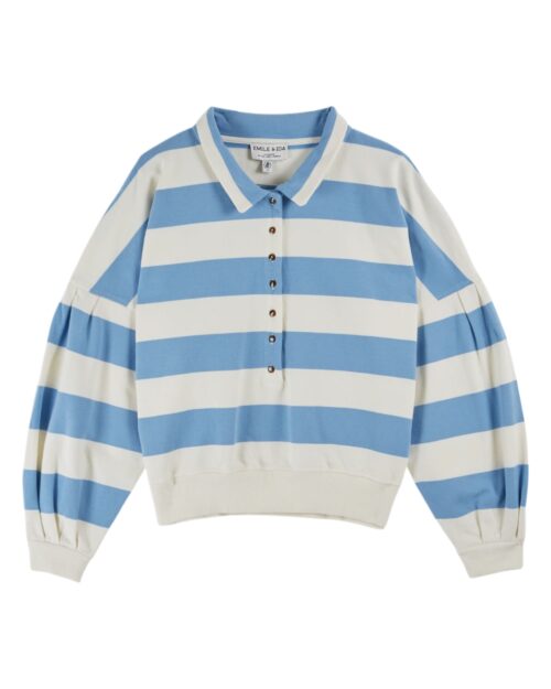 Sweat à rayures écru et bleu ciel pour femme référence CLEMENT Emile et Ida, 100% coton bio, made in Portugal