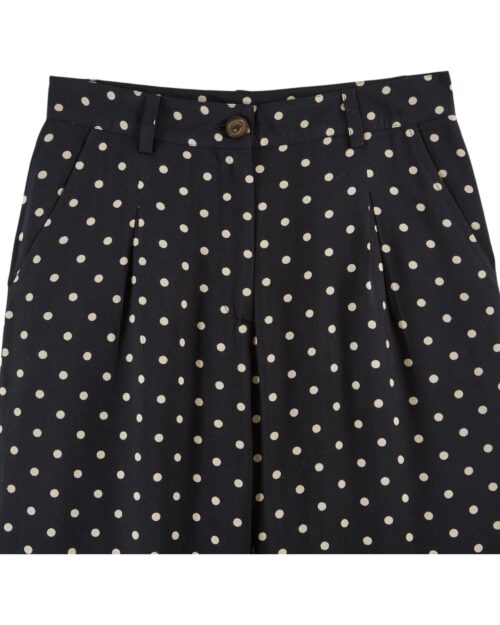 Détails avant du pantalon noir à pois écrus Emile et Ida, référence CURT, 100% viscose, made in India