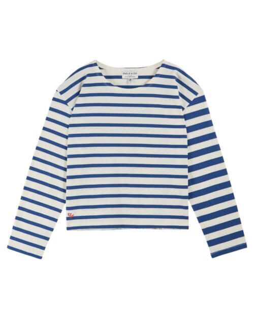 Pull marinière pour femme blanc et bleu Emile et Ida à col rond, référence CYBELE, 100% coton bio, made in Portugal