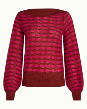 45% acrylique 30% nylon 15% laine 10% alpaga. Pull bordeaux et fuchsia. Motifs ondulés. Col bateau. Manches longues. Manches bouffantes. Poignets resserrés. Coupe droite. Maille douce. Chaud et confortable. KING LOUIE BODEGA Erin Belle Top Rio Red.