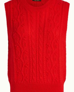Pull sans manches. 47% acrylique 30% nylon 15% laine 8% mohair. Couleur rouge. Maille ajourée. Effet texturé. A porter sur une chemise. Chaud et léger. KING LOUIE BOXY SPENCER Pull Leon Fiery Red.