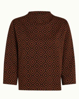 56% polyester, 25% viscose, 16% lurex, 3% el/ea. Top à col montant. Manches mi-longues. Motif géométrique. Couleur noir et marron. Tissu extensible. KING LOUIE GUENDA Top Lotan Pecan Brown.
