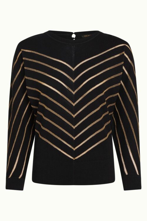 90% coton, 5% cachemire, 5% polyester. Top noir. Col rond. Manches longues. Chevron ajouré. Détails graphiques. Dos boutonné. Toucher doux. KING LOUIE Joy Top plume black.