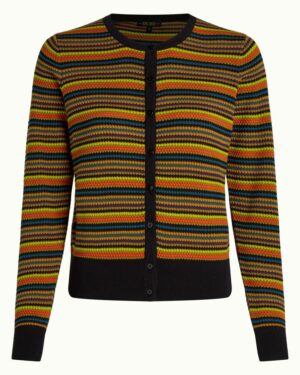 100% Coton organique. Cragigan gilet rayé. Couleurs vives. Base noit. Maille fine. Coupe près du corps. Bouton devant. Col rond. Manches longues. Tissu doux. Style rétro. A porter seul ou ouvert.