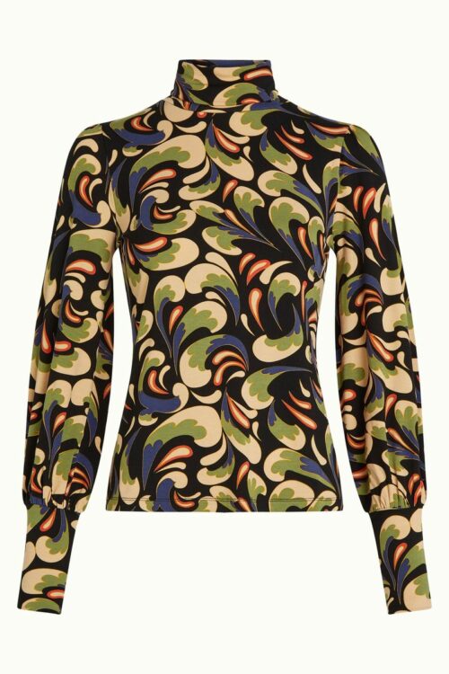 KING LOUIE RICKY Top Rumble Black. Viscose. Col roulé. Manches longues. Imprimé coloré. Couleurs noir vert beige bleu et orange. Motifs rétros. Détails aux poignets.