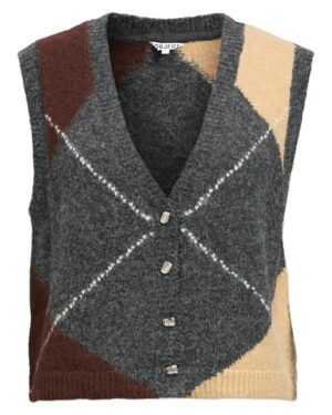 Gilet sans manches pour femme gris, marron et écru. Fermeture par boutons. OBJZENA OBJECT.