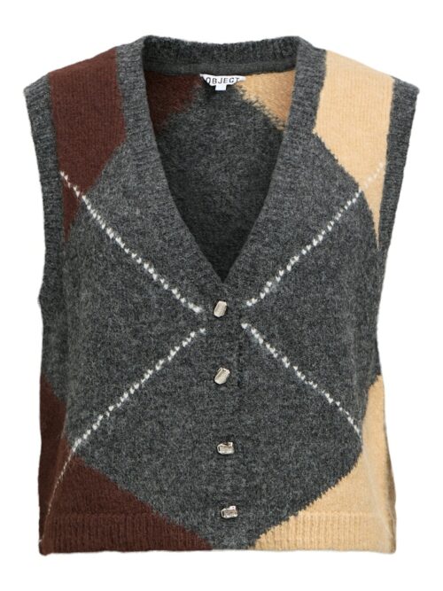 Gilet sans manches pour femme gris, marron et écru. Fermeture par boutons. OBJZENA OBJECT.