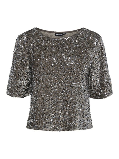 Top à manches courtes en sequins gris argenté pour femme Pieces. Haut en sequins PCKAM Morel Silver Pieces.