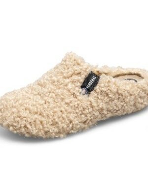 Chaussons écru pour femme. Fourré. Effet mouton .Bouclette. Chaussons VERBENAS- YORK-CURLY-CHAUSSONS-SAND Fabriqués en Espagne