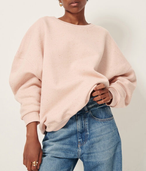 Pull oversize femme en molleton chiné boutonné, fabriqué au Portugal. 74% coton biologique certifié OCS, 13% polyester recyclé certifié RCS, 8% modal, 5% lin. Référence CHEBBI Ballerina Sessùn. rose clair, rose poudré clair