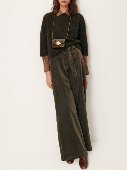 total look Pantalon large en velours ras avec Ceinture amovible . Coton biologique pantalon darm sessun lichen vert foncé kaki tabac