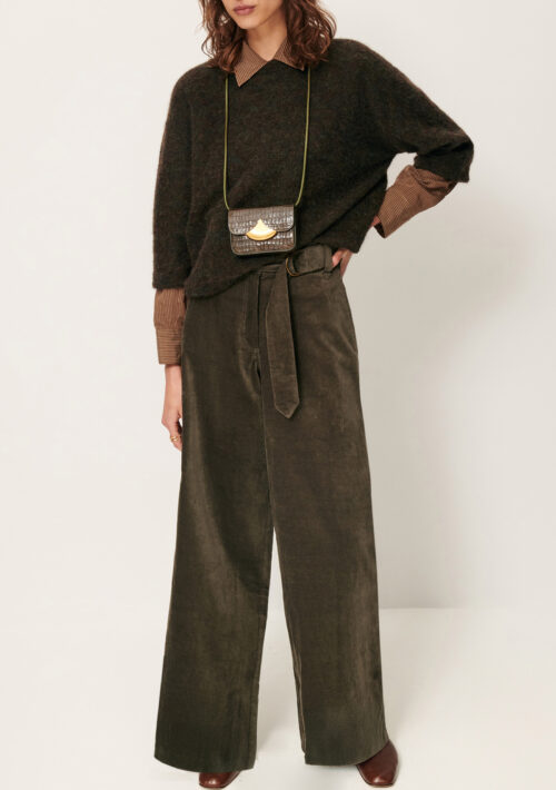 Pantalon large en velours ras avec Ceinture réglable et amovible avec boucles d'inspiration militaire. Coton biologique pantalon darm sessun lichen vert foncé kaki tabac
